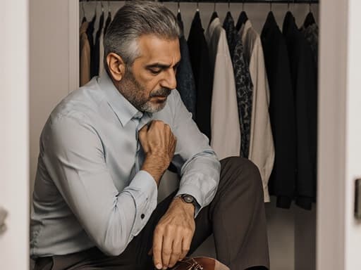 50대 중동계 남성이 캐주얼한 셔츠와 바지를 입고 긴장한 표정으로 새 신발을 신으려는 모습의 반신 사진. 한 손은 가슴에 댄 채 다른 손으로 신발을 착용하려 하고, 배경은 다양한 의상이 있는 잘 정리된 옷장이다.