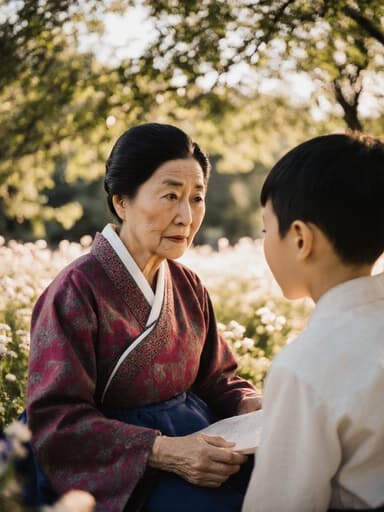 전통 한복을 입은 70대 한국인 여성이 따뜻한 햇살이 비치는 평화로운 공원에서 손자에게 이야기를 들려주는 모습의 반신 사진. 나무와 꽃들이 어우러진 배경에서 가족 사랑과 문화 유산의 본질을 담고 있습니다.