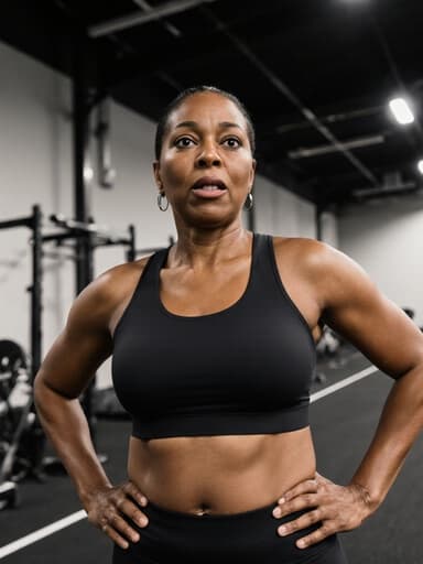 40대 자연스러운 외모의 흑인 여성이 스타일리시한 운동복과 운동화를 착용하고, 손을 허리에 얹은 채 약간 긴장된 자세로 서 있으며 당황한 표정을 짓고 있는 반신 사진. 배경에는 운동 장비와 트랙이 있는 훈련장이 있어 운동적인 분위기를 연출합니다.
