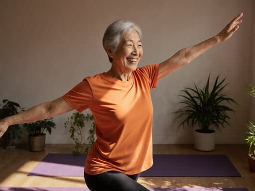 아늑한 요가 스튜디오에서 부드러운 조명과 식물들로 둘러싸인 60대 아시아계 여성의 반신 촬영. 편안한 요가 복장을 착용하고, 요가 매트 위에서 미소를 지으며 춤추고 있는 모습이 평화롭고 즐거움을 담고 있다.