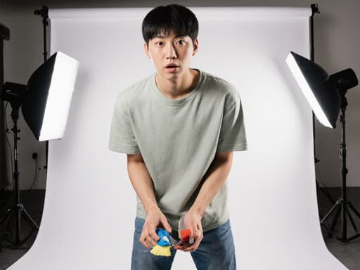 10대 후반의 아시아계 남성이 편안한 티셔츠와 청바지를 입고 놀란 표정으로 청소 도구를 들고 있는 모습이 담긴 반신 촬영입니다. 그는 청소 중인 듯 몸을 약간 앞으로 기울이고 있습니다. 배경은 조명 장비와 배경 천이 있는 실내 스튜디오로, 장면을 매력적이고 친근하게 만듭니다.