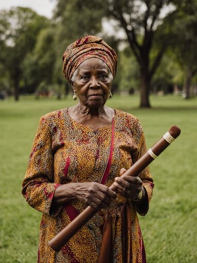전통 아프리카 의상을 입고 공원에서 서 있는 80대의 흑인 여성의 반신 사진. 그녀는 걱정스러운 표정을 지으며 전통 악기를 들고 있으며, 생기 넘치는 녹색 배경이 그녀의 존재감과 문화적 의미를 강조합니다.