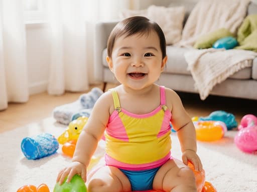 사랑스러운 미소를 짓고 있는 1세의 동양인 소녀가 밝은 색상의 아기용 수영복을 입고 부풀린 물놀이 장난감에 앉아 있는 반신 사진, 아늑한 거실에서 즐거운 분위기를 자아냅니다.