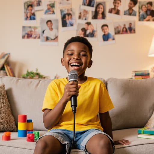 7세 아프리카계 남자아이의 반신 사진으로, 귀여운 외모를 지닌 아이가 따뜻한 거실의 소파에 앉아 있습니다. 그는 밝은 색상의 티셔츠와 편안한 반바지를 입고, 마이크를 손에 쥐고 귀여운 웃음으로 즐겁게 노래하고 있습니다. 배경에는 가족 사진, 장난감, 책들이 있어 어린 시절의 즐거움을 잘 담아내는 아늑한 분위기를 연출하고 있습니다.