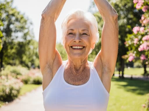 자연스러운 외모를 가진 70대 유럽계 여성이 편안한 운동복과 운동화를 착용하고, 햇살이 비치는 공원에서 팔을 위로 올리며 미소를 지으며 스트레칭을 하고 있는 모습이 담긴 이미지로, 나무와 꽃들이 어우러져 평화롭고 초대하는 분위기를 자아냅니다.