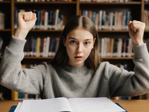 이 이미지는 조용한 도서관에서 편안한 스웨터와 청바지를 입고 있는 10대 초반의 유럽계 여성 학생을 보여줍니다. 그녀는 시험지를 바라보며 팔을 위로 스트레칭하며 당황한 표정을 짓고 있어, 채점 작업 중의 놀라운 순간을 만들어냅니다.