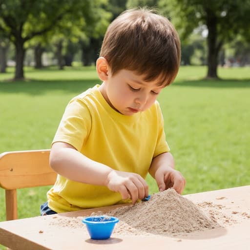 지루한 표정을 지닌 귀여운 3세 백인 남성이 테이블 위에서 모래놀이 도구를 사용해 모래를 만지고 있는 반신 샷. 밝은 색상의 반팔 티셔츠와 반바지를 착용하고 있으며, 푸른 잔디와 나무들이 있는 공원에서 여유롭고 자유로운 분위기를 연출합니다.