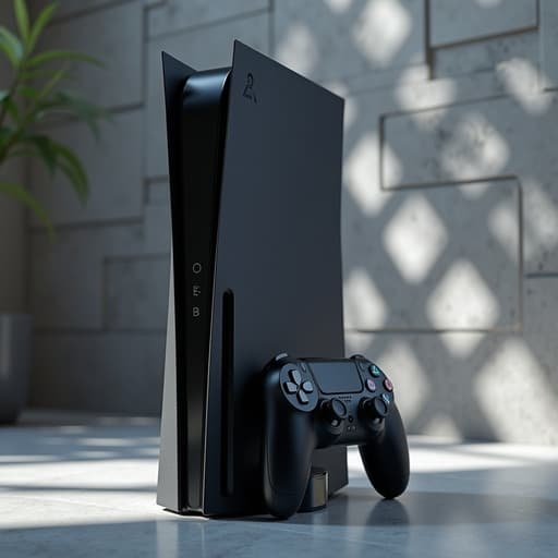 기하학적 패턴 배경 앞에 중앙에 배치된 질감 있는 마감의 세련된 현대 디자인의 게임 콘솔로, 부드러운 그림자와 자연광 아래에서 현대적이고 역동적인 분위기를 만듭니다.