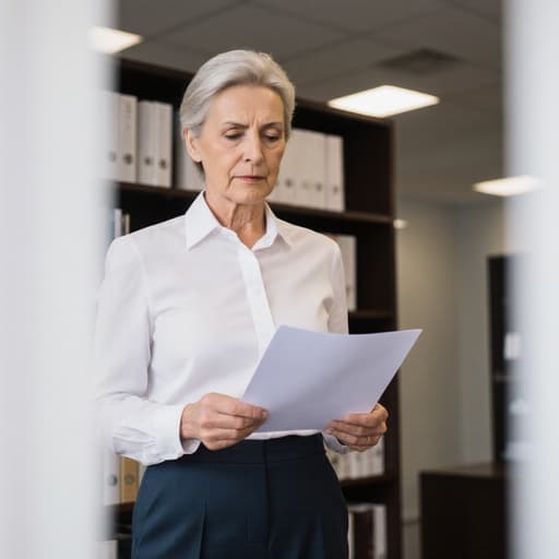 60대 유럽계 여성이 깔끔한 블라우스와 정장 바지를 착용하고 서 있는 모습으로, 법률 문서를 들고 지루한 표정을 짓고 있는 반신 사진입니다. 배경은 밝은 사무실 내부에 책장이 보입니다.