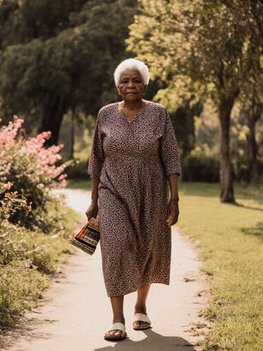 전통적인 패턴의 원피스와 편안한 슬리퍼를 착용한 80대의 흑인 여성의 전신 사진. 그녀는 조용한 공원에서 천천히 걷고 있으며, 손에는 작은 전통 공예품을 들고 있습니다. 배경은 푸르른 나무와 생동감 넘치는 꽃들로 가득 차 있어 평화로운 분위기를 자아냅니다.