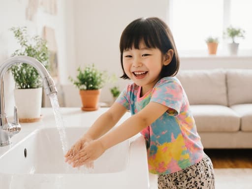 즐거운 표정을 지으며 손을 씻기 위해 세면대 쪽으로 손을 뻗고 있는 7세 한국인 소녀의 반신 사진입니다. 화사한 색상의 티셔츠와 편안한 바지를 입고 있으며, 귀엽고 밝은 외모를 가지고 있습니다. 배경은 화분과 소파가 있는 밝고 아늑한 거실로, 장면의 따뜻하고 초대하는 분위기를 한층 더해줍니다.