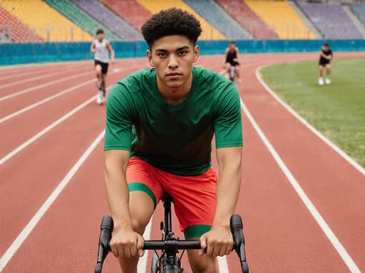 건강하고 활기찬 혼혈 남성 10대 후반이 밝은 운동복과 스니커즈를 입고 운동용 자전거를 타고 집중한 표정을 짓고 있는 반신 사진. 배경에는 멀리 다른 운동선수들이 훈련하고 있는 스포츠 트랙이 펼쳐져 있어 역동적이고 동기 부여가 되는 분위기를 자아냅니다.