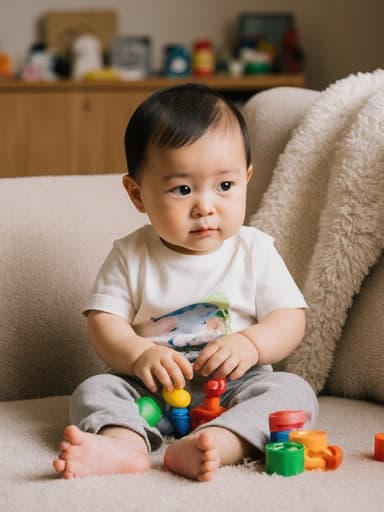 아늑한 거실 소파에 앉아 장난감을 만지작거리며 호기심 어린 표정을 지닌 1세 아시아계 남자 아기의 반신 촬영. 귀여운 의상을 입고 여러 장난감이 놓인 따뜻하고 초대하는 분위기의 이미지.