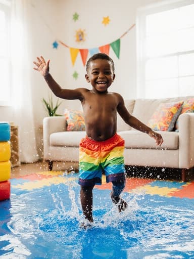 이 이미지는 밝은 수영복을 입고 물놀이 매트 위에서 순수한 기쁨으로 춤추는 3세 아프리카계 남성 어린이를 보여줍니다. 아늑한 거실에서 즐거움과 안전한 놀이 시간을 포착하고 있습니다.