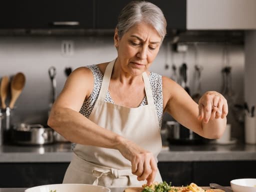 50대의 라틴계 여성이 가벼운 원피스와 앞치마를 착용한 채 현대적인 주방에서 반신 촬영되었습니다. 그녀는 요리에 집중하며 차가운 표정을 지으며 재료를 다루는 춤추는 듯한 자세를 취하고 있으며, 다양한 주방 기구가 배치된 스타일리시한 주방 배경이 어우러져 있습니다.