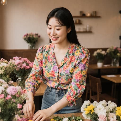 20대 한국인 여성이 화사한 꽃무늬 블라우스와 청바지를 입고 아늑한 카페에서 다양한 꽃들을 진열하며 행복한 미소를 짓고 있습니다. 부드러운 조명과 생동감 있는 꽃들이 있는 테이블이 따뜻하고 초대하는 분위기를 연출합니다.