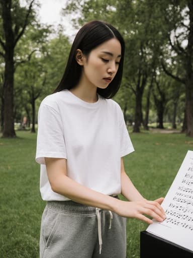 20대 동양인 여성이 편안한 티셔츠와 조거 팬츠를 입고 반신 촬영된 모습입니다. 그녀는 무표정으로 집중하며 악보를 바라보면서 손을 스트레칭하고 있습니다. 배경은 나무와 풀이 가득한 공원으로, 장면의 고요하고 집중된 분위기를 더해줍니다.