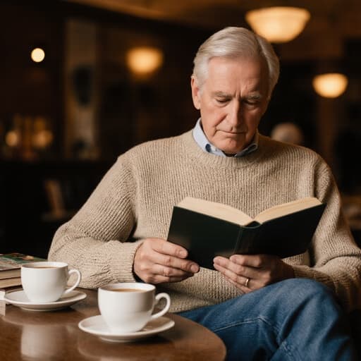 60대 유럽계 남성이 자연스러운 외모로 편안한 니트 스웨터와 청바지를 입고, 테이블 위의 책을 한 손으로 잡고 집중해서 읽고 있는 모습의 반신 사진입니다. 그의 옆에는 커피잔이 놓여져 있으며, 아늑한 카페의 분위기 속에서 독서의 즐거움과 평온함을 강조한 장면입니다.