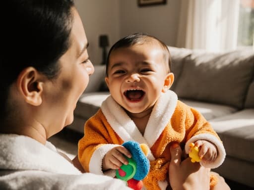 화사한 색상의 목욕 가운을 입은 귀여운 1세의 라틴계 아기가 장난스러운 표정으로 부모의 품에 안겨 있는 반신 사진. 아늑한 거실에서 목욕 후 편안한 분위기 속에서 다채로운 장난감과 함께 놀고 있는 모습.