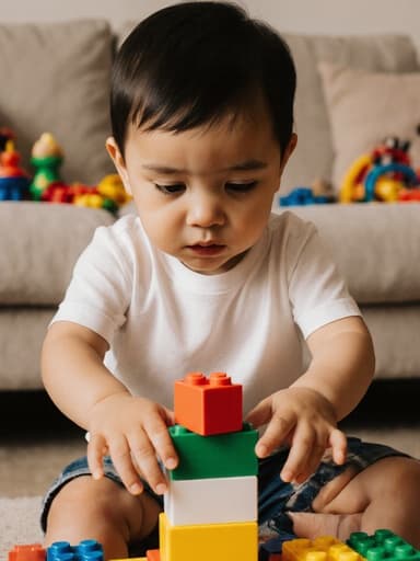 3세 남성 라틴계 아동의 반신 샷으로, 편안한 티셔츠와 반바지를 입고 배고픈 표정을 지으며 블록에 집중하는 모습입니다. 아동은 두 손을 사용하여 블록을 쌓고 있으며, 집중력과 몰입을 보여줍니다. 배경은 소파와 흩어진 장난감이 있는 아늑한 거실로, 아동의 유쾌하고 호기심 많은 성격을 잘 드러내는 따뜻하고 초대하는 분위기를 제공합니다.
