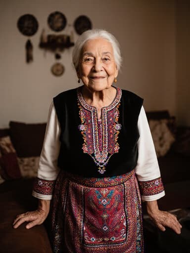 80세 라틴계 여성이 전통 의상을 입고, 아늑한 전통 장식이 있는 거실에서 편안한 자세로 서 있는 전신 사진입니다. 그녀는 따뜻한 미소를 지으며 자연스러운 아름다움과 문화유산의 풍요로움을 강조합니다.