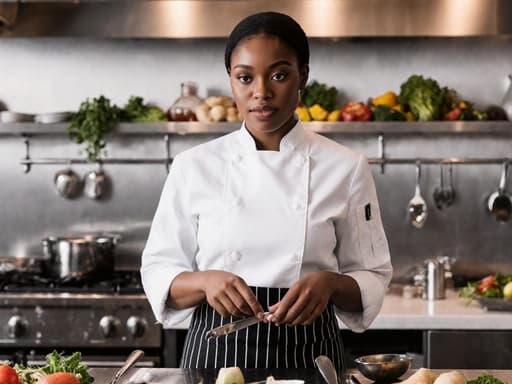 20대 흑인 여성의 반신 사진으로, 요리사 복과 앞치마를 착용하고 요리 도구를 들고 있는 모습이 현대적인 식당 주방에서 다양한 재료와 함께 편안하고 자신감 있는 표정을 짓고 있습니다.