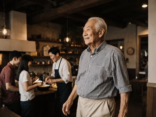 70대 동양인 남성이 편안한 체크무늬 셔츠와 면바지를 입고, 따뜻한 미소를 지으며 가족을 바라보며 걸어가는 모습의 반신 사진. 아늑한 카페에서 가족들이 함께 요리하는 장면이 펼쳐져 있으며, 전체적인 분위기는 따뜻함과 가족애로 가득 차 있다.