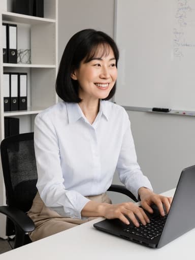 40대 한국인 여성의 반신 사진으로, 자연스러운 외모를 지닌 그녀가 현대적인 사무실 환경에 앉아 있습니다. 편안한 캐주얼 블라우스와 슬랙스를 입고 있으며, 따뜻한 미소를 지으며 노트북의 키패드를 가볍게 터치하고 있습니다. 배경에는 스타일리시한 책장과 화이트보드가 있어 전문적이면서도 매력적인 분위기를 자아냅니다.