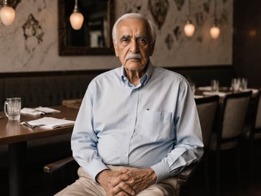 70대 중동계 남성이 편안한 셔츠와 바지를 입고 조용한 카페 테이블에 앉아 손을 무릎에 얹고 무관심한 표정을 짓고 있는 반신 샷.