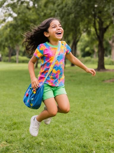 밝은 색상의 티셔츠와 편안한 반바지를 입고 가방을 메고 점프하는 7세의 라틴계 소녀의 활기찬 전신 샷. 배경의 푸른 잔디와 나무들이 유쾌한 분위기를 더합니다.