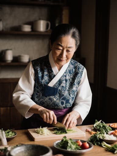 전통 한복을 입은 70대 백인 여성이 아늑한 카페 주방에서 전통 음식을 위해 재료를 손질하는 모습의 전신 사진입니다. 나무 테이블 위에는 다양한 신선한 재료가 놓여 있으며, 평온한 표정은 따뜻한 조명과 함께 이 장면의 편안한 분위기를 반영합니다.