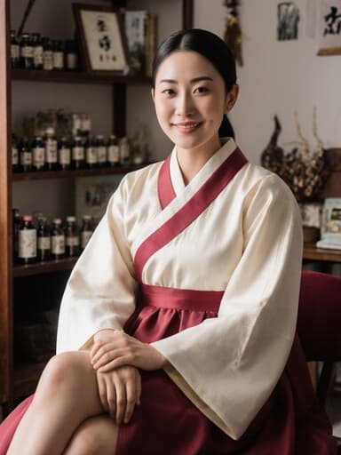 30대 백인 여성이 전통 한복을 입고 따뜻한 한의원에서 편안하게 앉아 긍정적인 에너지를 발산하며 미소 짓고 있는 모습, 한약재와 전통 장식으로 둘러싸인 모습.