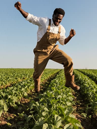 20대 흑인 남성이 농부 작업복과 작업용 장화를 착용하고, 푸르른 농장에서 수확물을 모으기 위해 점프하는 모습이 담긴 전신 사진입니다. 그는 수확의 기쁨과 힘든 순간을 표현하며, 농작물이 풍성한 배경 속에서 자연스러운 자세를 취하고 있습니다.