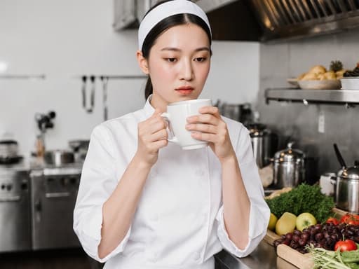 이 이미지는 흰색 조리복과 헤어밴드를 착용한 10대 후반의 백인 여성 요리사가 커피 컵을 들고 조리대에 손을 얹고 있는 모습입니다. 그녀의 표정은 약간의 피로감을 나타내며, 조리 기구와 재료로 가득 찬 따뜻한 주방 분위기를 잘 전달합니다.