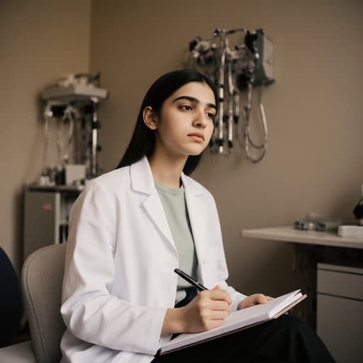중동계의 어린 소녀가 의사 가운을 입고 검사실의 소파에 앉아 있으며, 메모장을 들고 고민하는 표정을 짓고 있습니다. 의료 기구들이 배치된 배경은 의료의 주제를 더욱 강조합니다.