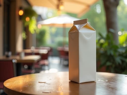 우유 팩, 고급 레스토랑 테라스와 흐릿한 녹지, 고요하고 고급스러운