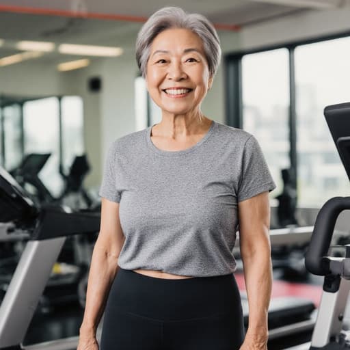 이 이미지는 50대 아시아계 여성이 스타일리시한 운동 레깅스와 티셔츠를 입고 현대적인 피트니스 스튜디오에서 자연스러운 미소를 지으며 운동 기구 옆에 서 있는 반신 사진을 담고 있습니다. 그녀는 긍정적인 에너지를 발산하고 있습니다.