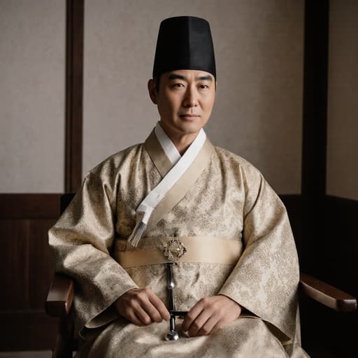 40대의 세련된 한국 남성이 고급스러운 전통 한복을 입고 전통 치료실에 편안하게 앉아 있습니다. 그는 자신감 있는 표정으로 진단 도구를 들고 있으며, 따뜻한 조명과 전통적인 인테리어가 문화적으로 풍부한 분위기를 만들어냅니다.