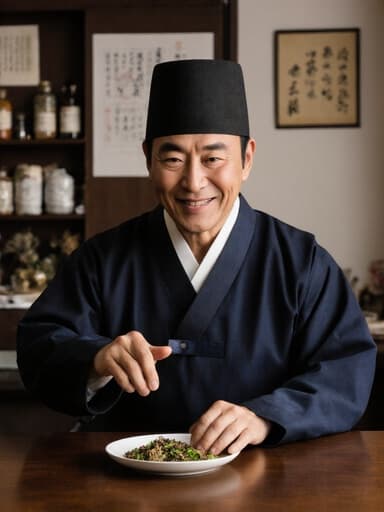 40대 아시아계 남성이 전통 한복을 입고 따뜻한 미소를 지으며 한약재가 담긴 접시를 가리키는 모습이 아늑한 한약 상담실에서 보인다. 벽에는 한약재와 전통 문서가 장식되어 있다.