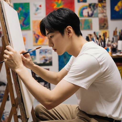 편안한 복장을 한 20대 동양인 남성 예술가가 다양한 예술 작품과 재료가 가득한 작업실에서 그림에 몰두하고 있는 모습으로, 영감을 주는 분위기를 자아냅니다.