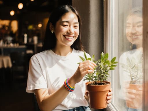 자연스러운 외모를 가진 10대 초반의 혼혈 소녀가 편안한 티셔츠와 청바지를 입고, 아늑한 카페에서 화분을 가지고 즐겁게 상호작용하고 있는 모습입니다. 창문을 통해 햇빛이 들어와 그녀의 자연스러운 아름다움과 주변의 생기 있는 식물을 강조하고 있습니다.