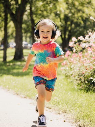 햇살이 비치는 공원에서 화려한 티셔츠와 반바지를 입고 신나게 달리고 있는 3세 유럽계 여성의 전체 몸샷, 나무와 꽃들이 주변에 있는 즐거운 모습.