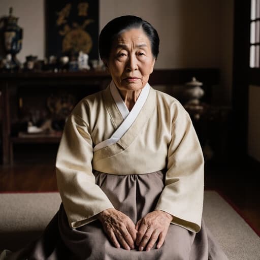 이 이미지는 전통 한복을 입고 있는 70세 동양인 여성이 아늑한 거실에서 자연스럽게 크로스 레그로 앉아 있는 모습을 담고 있습니다. 그녀의 자연스러운 외모와 피곤한 표정이 장면에 깊이를 더하며, 전통적인 소품들로 가득한 문화적 풍요로운 환경 속에서 그녀의 이야기에 연결될 수 있도록 초대합니다.