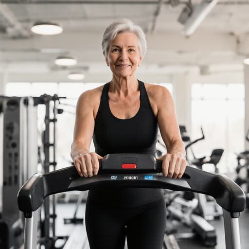 자신감 넘치고 활기찬 60대 유럽계 여성이 자연스러운 외모로 반신샷으로 포착되었습니다. 그녀는 편안한 운동복과 세련된 운동화를 착용하고 있으며, 활기찬 라이프스타일을 발산하고 있습니다. 모델은 트레드밀에서 운동을 하며 손잡이를 잡고 있으며, 결단력을 가지고 에너지와 자신감을 발산하고 있습니다. 배경은 다양한 운동 기구로 채워진 실내 헬스장으로, 이미지의 피트니스 주제를 강조합니다. 전체적인 분위기는 건강과 웰빙에 대한 동기 부여와 열정을 전달합니다.