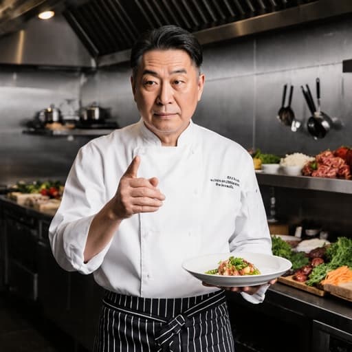 40대 아시아계 남성 셰프가 셰프 복장과 앞치마를 입고 현대적인 주방에서 반신 촬영된 모습입니다. 약간 고민스러운 표정을 지으며 음식을 서빙하기 위해 손을 들고 있으며, 조리 기구와 재료들이 잘 정돈된 환경 속에서 전문적이면서도 따뜻한 분위기를 자아냅니다.