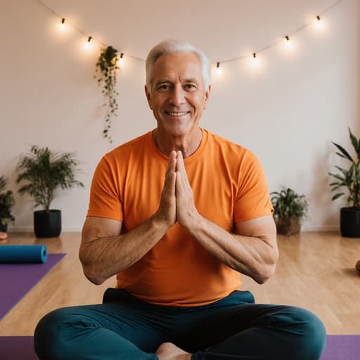 50대 건강한 백인 남성이 밝은 요가복을 입고 자신감 있게 양손을 모아 인사하는 자세를 취하고 있습니다. 그를 둘러싼 아늑한 요가 수업실은 부드럽게 조명이 비추고 있으며, 바닥에는 요가 매트가 깔려 있고, 벽에는 장식용 식물들이 있어 초대하는 분위기를 만들어냅니다.