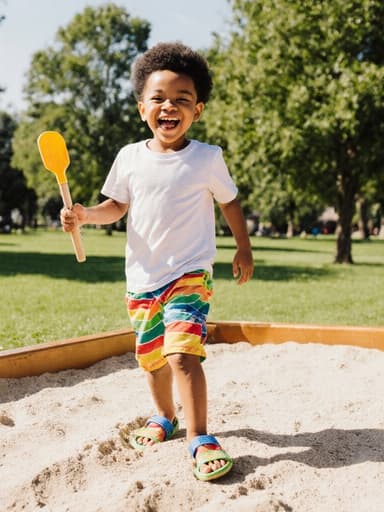 7세 혼혈 남성이 공원에서 즐겁게 놀고 있는 전신 사진, 반팔 티셔츠와 반바지, 밝은 샌들을 착용하고 작은 삽을 들고 모래놀이 공간을 걷고 있으며, 푸른 잔디와 나무들로 둘러싸여 있습니다.