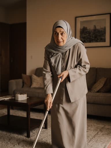 60대 중동계 여성이 청소 도구를 들고 바닥을 청소하려고 하는 모습으로, 편안한 집안복을 입고 약간 당황한 표정을 지으며 아늑한 거실 소파와 커피 테이블이 배치된 공간에서 촬영된 반신 사진입니다. 따뜻한 조명과 캐주얼한 의상이 아늑한 분위기를 만들어냅니다.