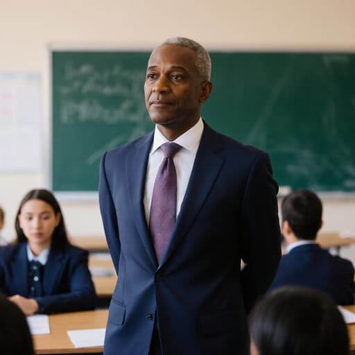 50대 흑인 남성이 전문적인 정장과 넥타이를 착용하고, 자신감 있는 표정으로 학생들을 바라보는 학습실의 반신 사진. 책상과 칠판이 있는 배경이 매력적이고 초대하는 분위기를 만들어냅니다.