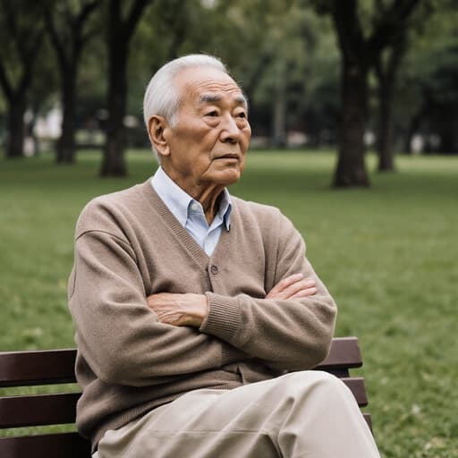 80대 아시아계 남성이 편안한 카디건과 면 바지를 입고 벤치에 앉아 팔짱을 끼고 지루한 표정으로 멀리 바라보고 있는 반신 사진입니다. 배경에는 푸른 잔디와 나무들이 있는 한적한 공원이 펼쳐져 있어 평화로운 분위기를 만들어냅니다.